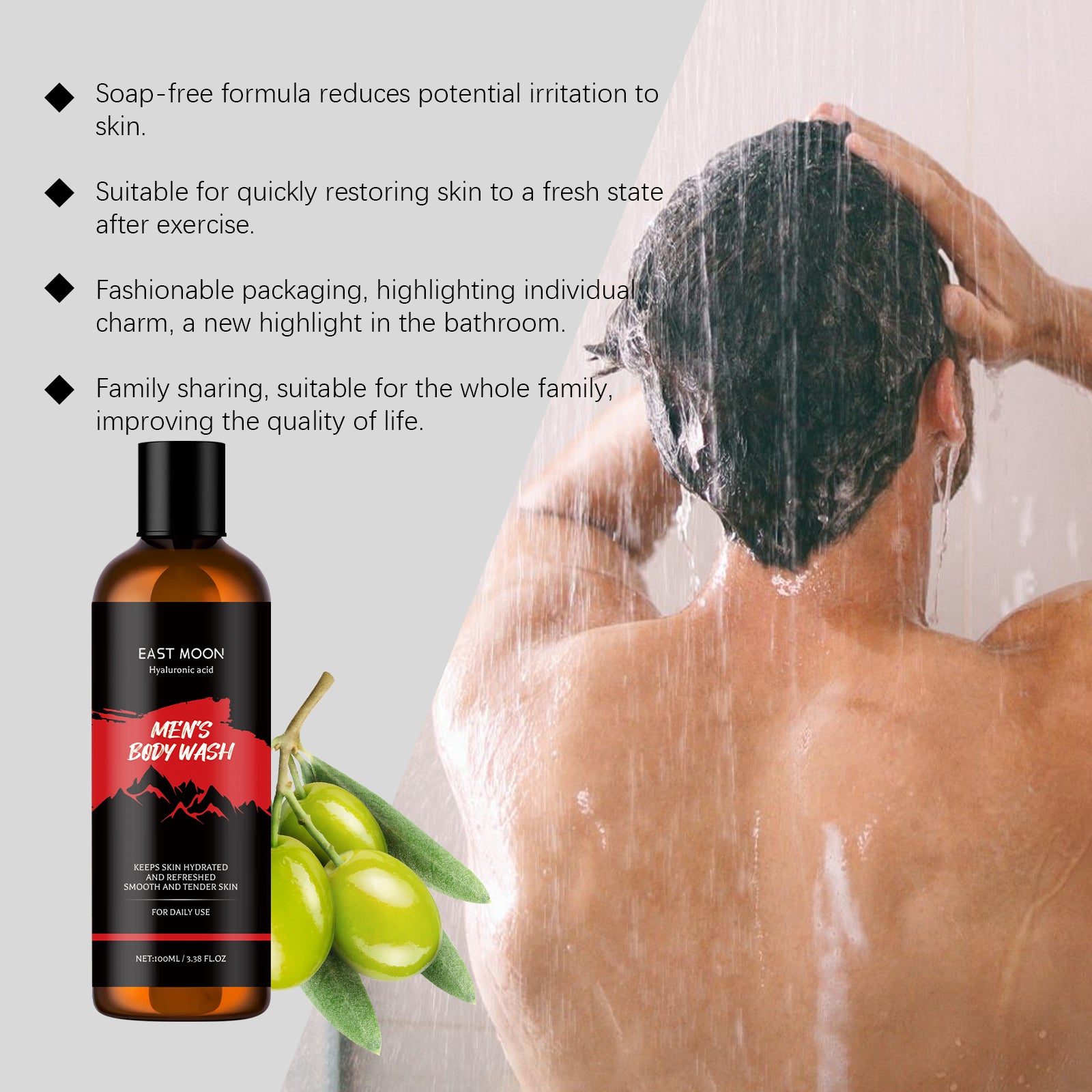 EAST MOON Men's Hydrating Body Wash - Refreshing Deep Cleansing Body Gel with Jasmine Oil & Vitamin E, Long-Lasting Fragrance