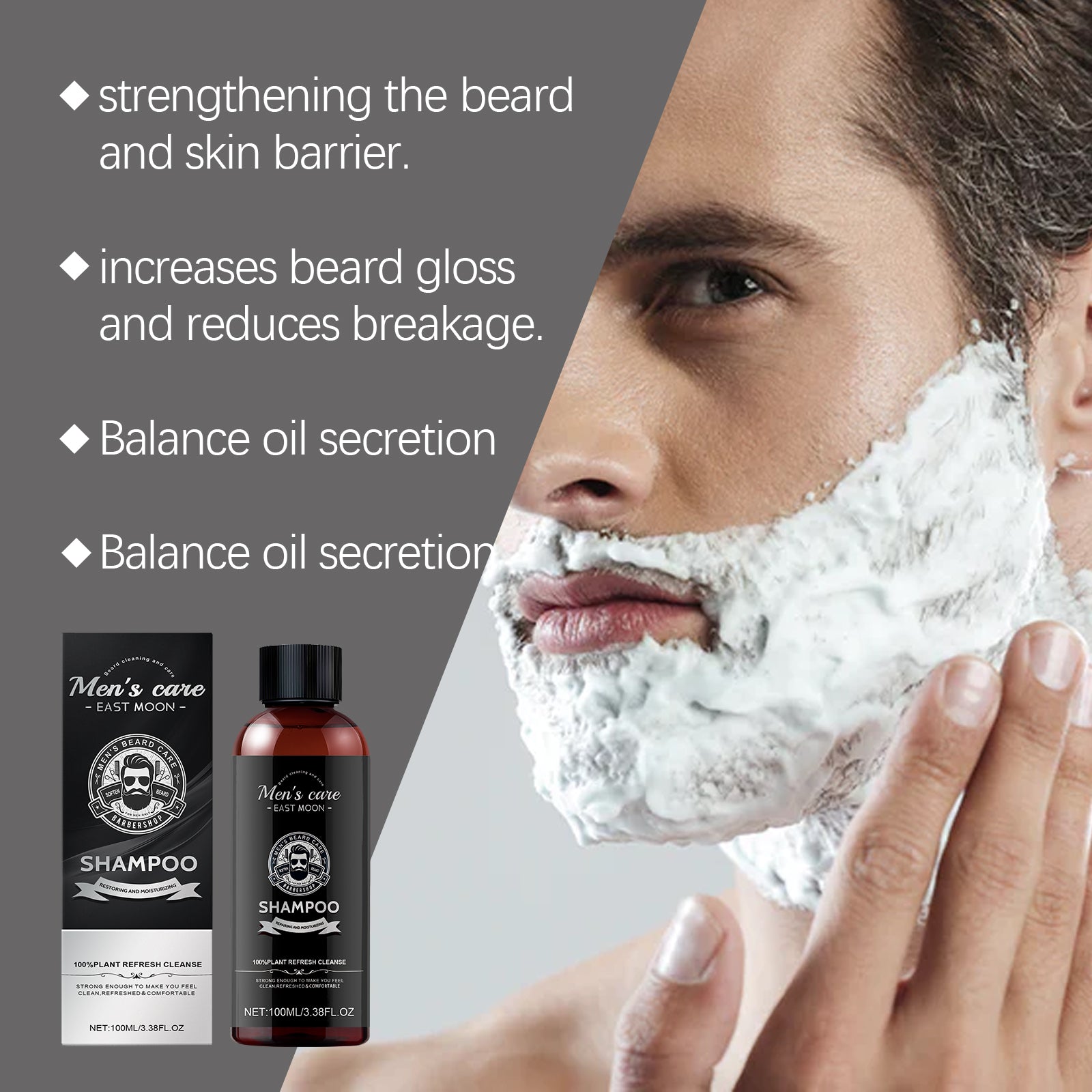 East Moon Premium Men's Beard Wash - Gentle Cleanser & Anti-Ingrown Hair Shampoo with Argan & Jojoba Oil (100ml)