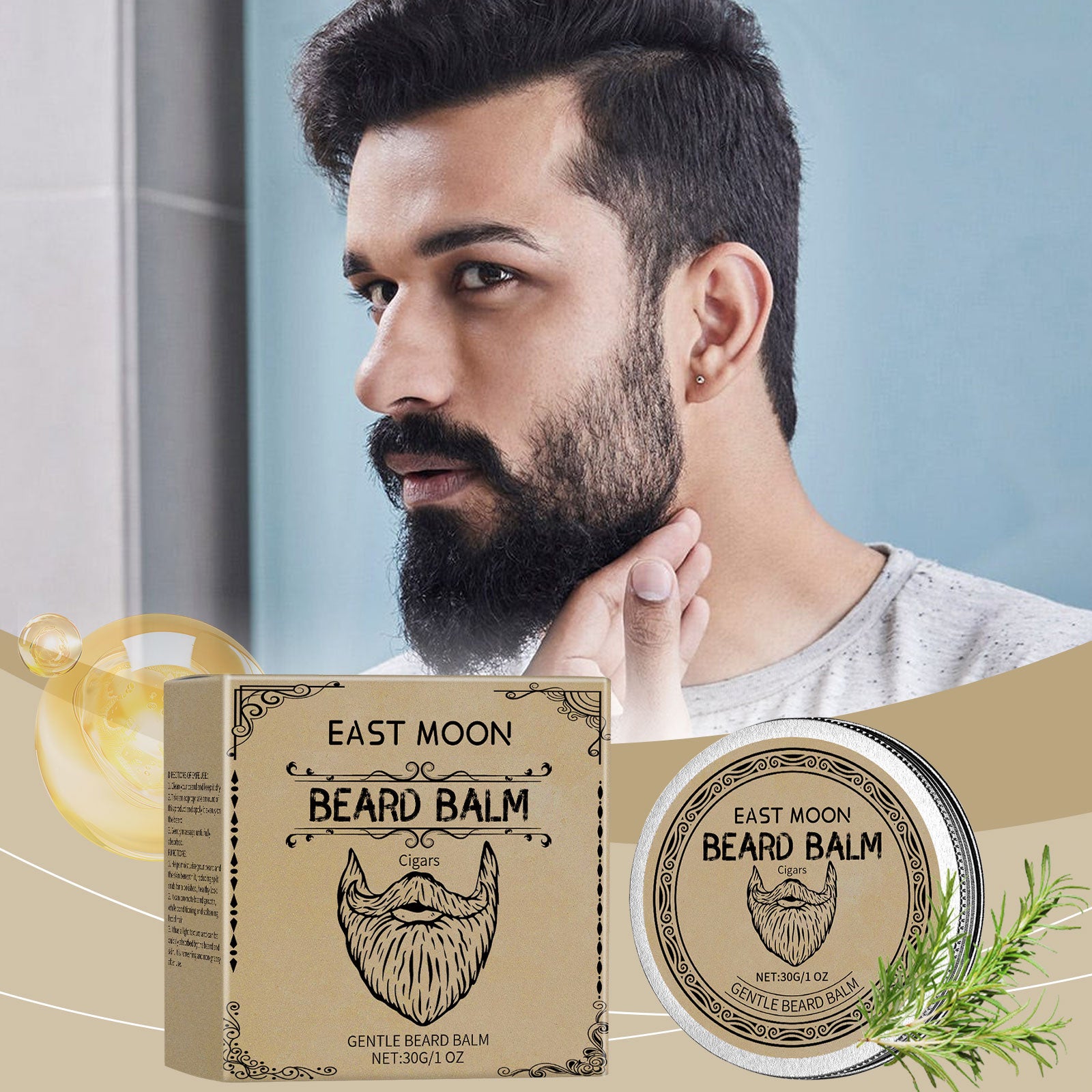 East Moon Cigar Premium Beard Balm - Natural Styling Wax & Deep Conditioner with Beeswax & Rosemary Oil