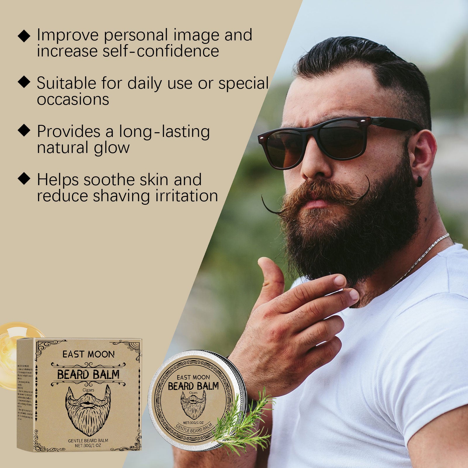 East Moon Cigar Premium Beard Balm - Natural Styling Wax & Deep Conditioner with Beeswax & Rosemary Oil