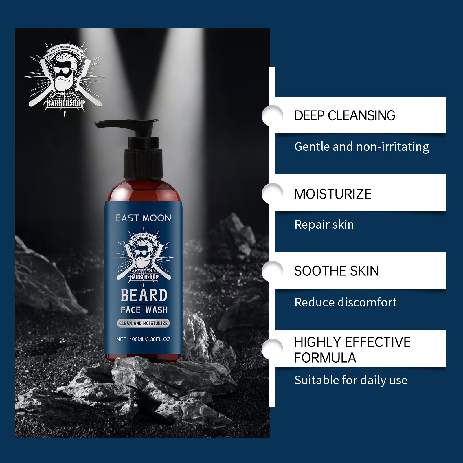 East Moon Men's Sandalwood Beard Wash - Deep Hydration & Anti-Frizz Repair Shampoo with Shea Butter & Aloe