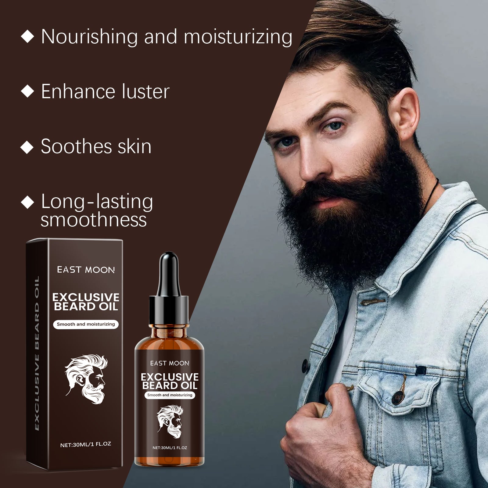 East Moon Men's Premium Beard Oil - Fast-Absorbing Frizz Control & Softener with Almond Oil & Honey (30ml)