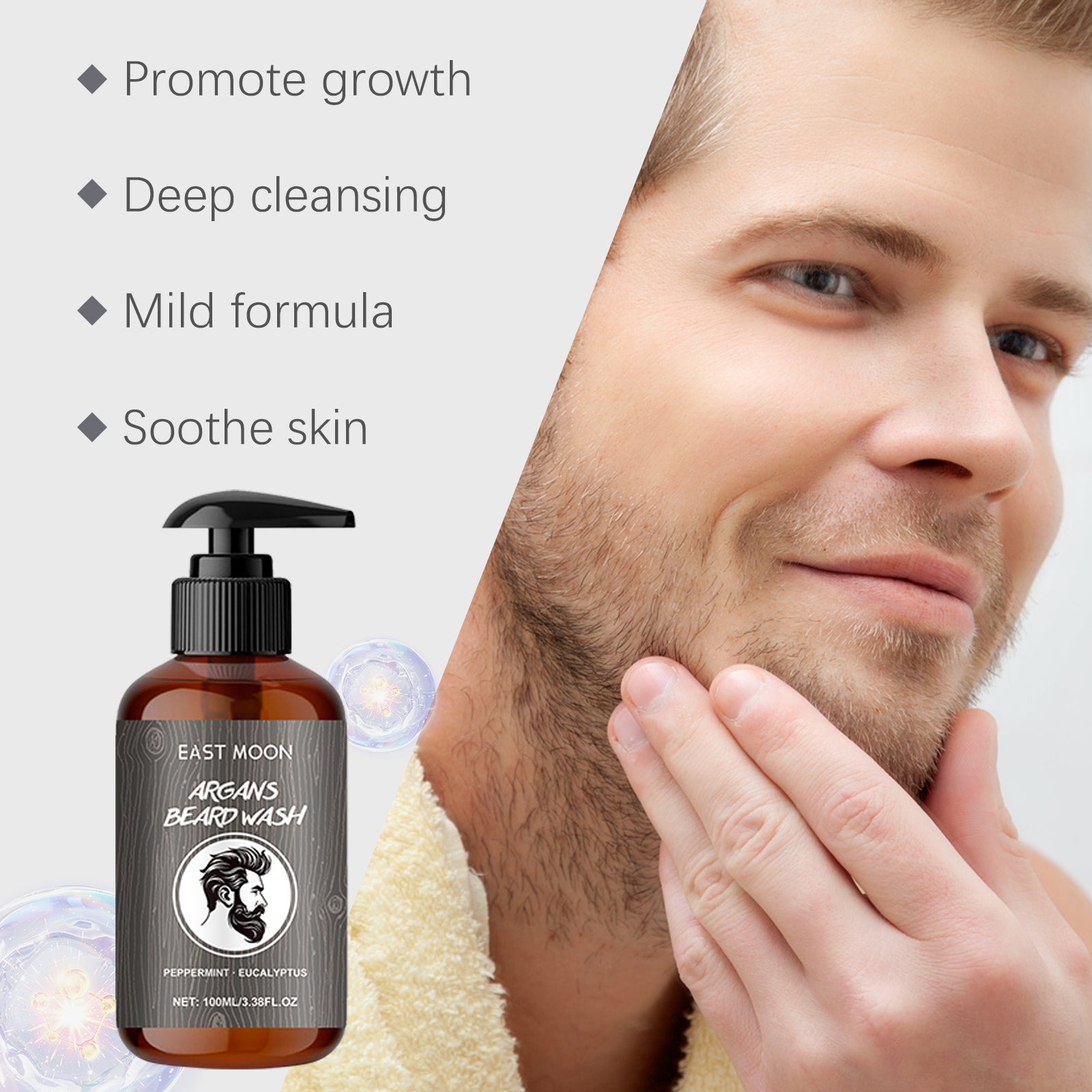 East Moon Eucalyptus Men's Beard Wash - Gentle Cleansing Shampoo for Soft & Anti-Breakage Facial Hair