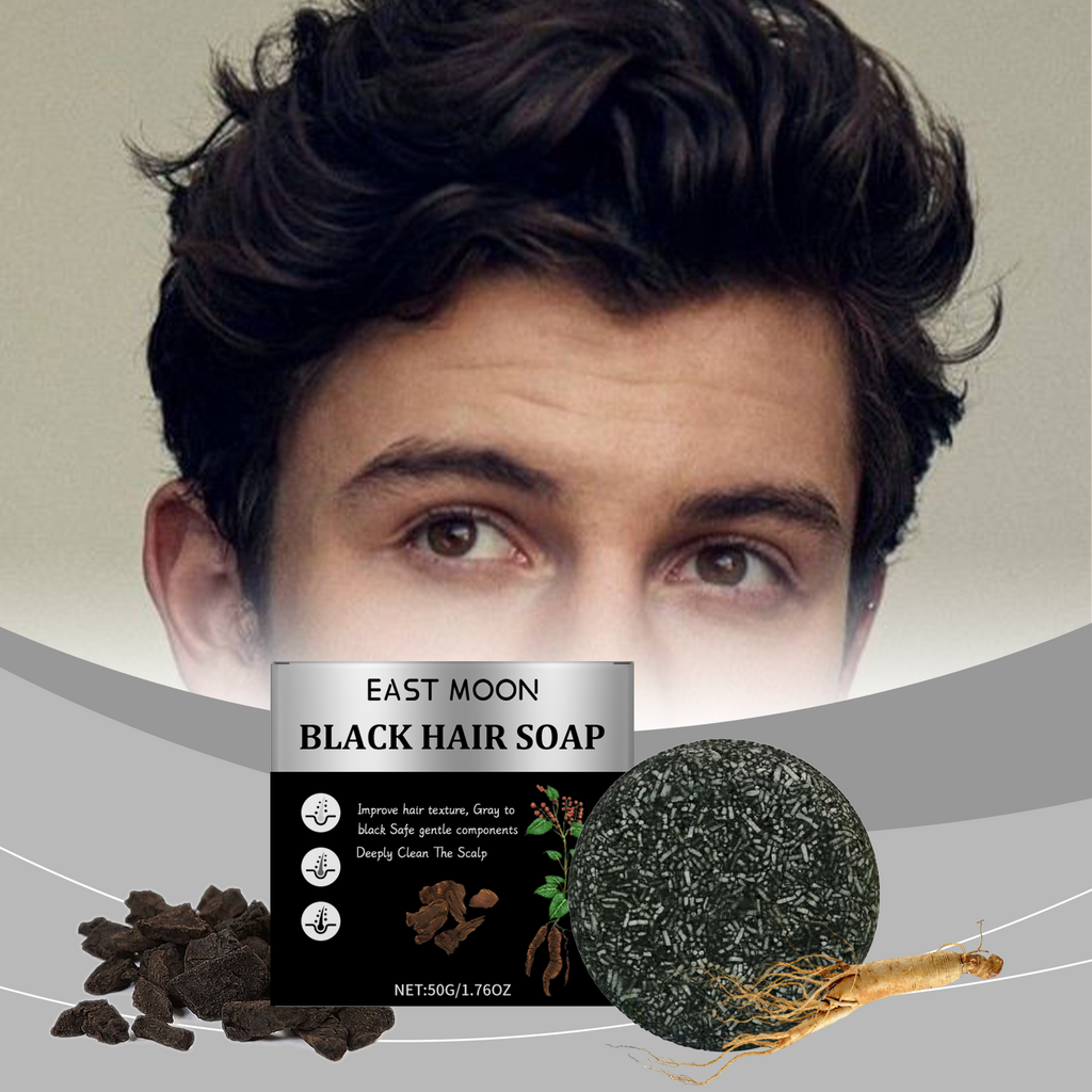 East Moon Men's Activated Charcoal Hair Darkening Shampoo Bar - Scalp Purifying & Root Strengthening Soap
