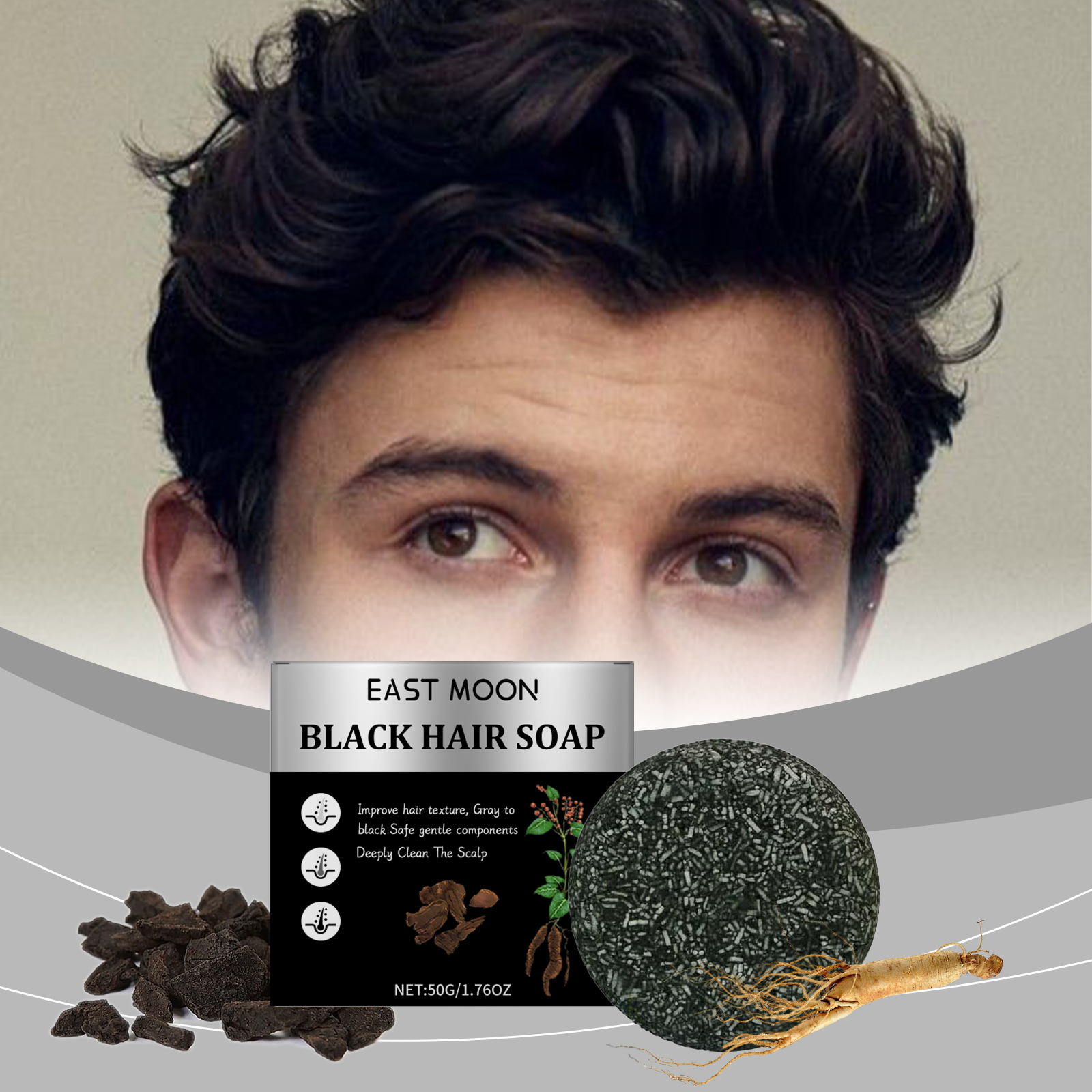 East Moon Men's Activated Charcoal Hair Darkening Shampoo Bar - Scalp Purifying & Root Strengthening Soap