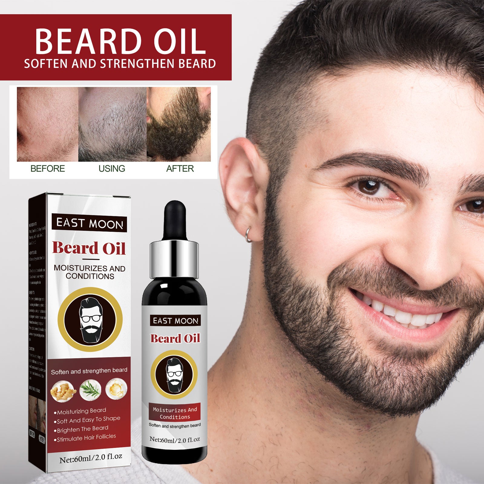 East Moon Beard Growth Oil deeply nourishes your facial hair to stimulate growth, add a healthy shine, and lock in moisture. No grease, no itch—just a perfectly groomed beard.