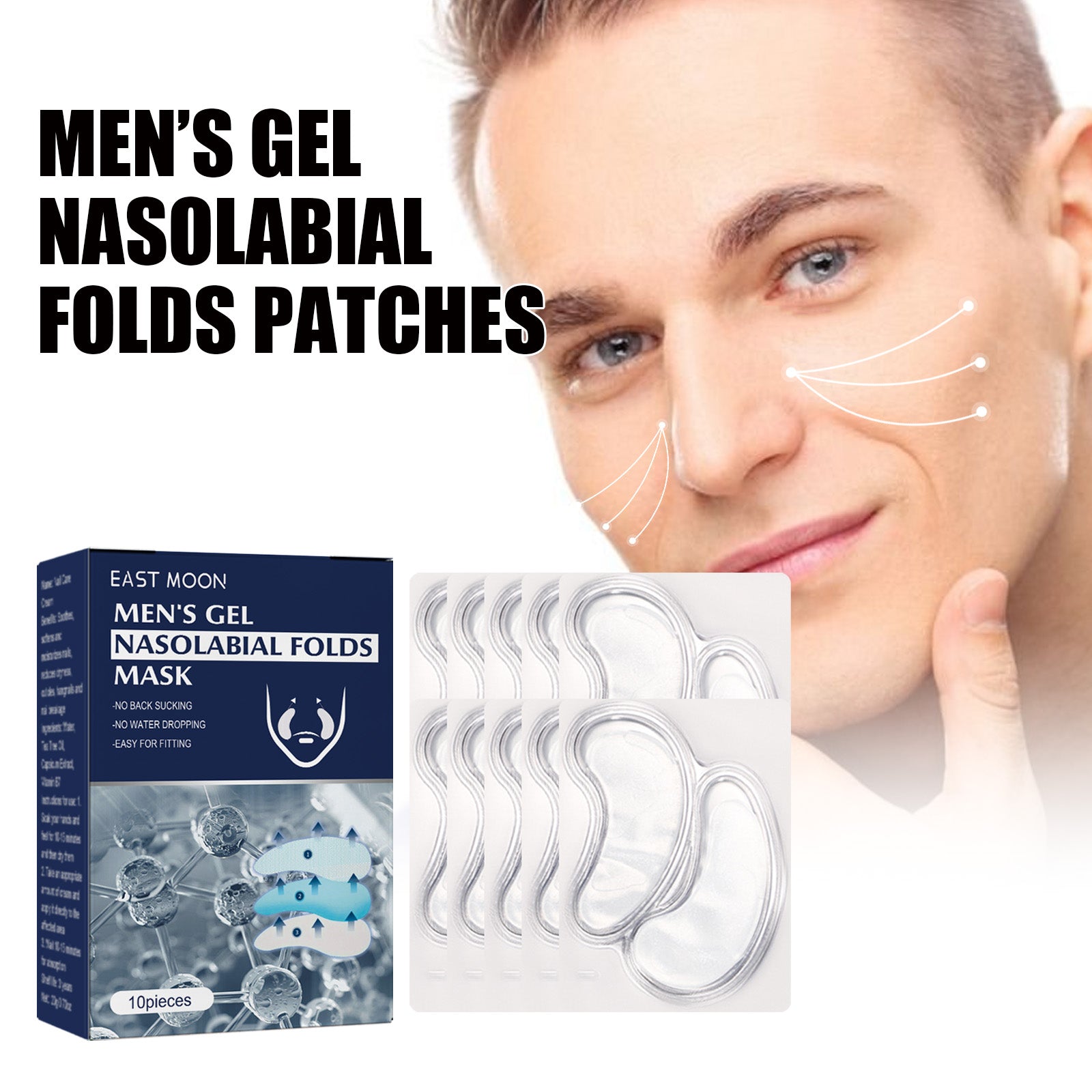 East Moon Men's Anti-Wrinkle Smile Line Patches - Firming & Brightening Nasolabial Fold Strips with Centella & Scutellaria