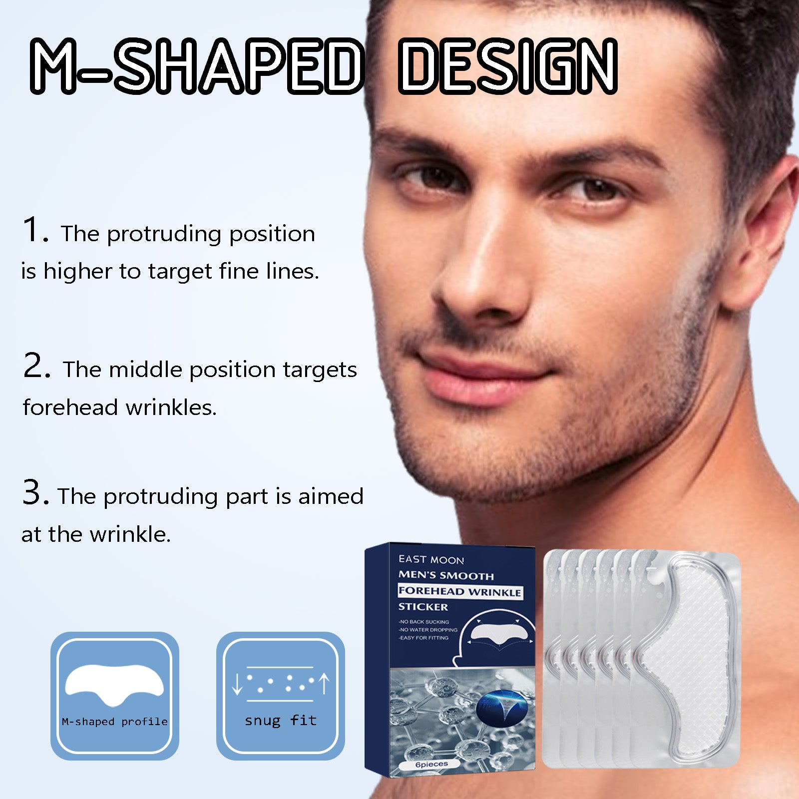East Moon Men's Forehead Wrinkle Patches - Anti-Aging Smoothing Strips with Niacinamide & Ginseng (10-Pack)