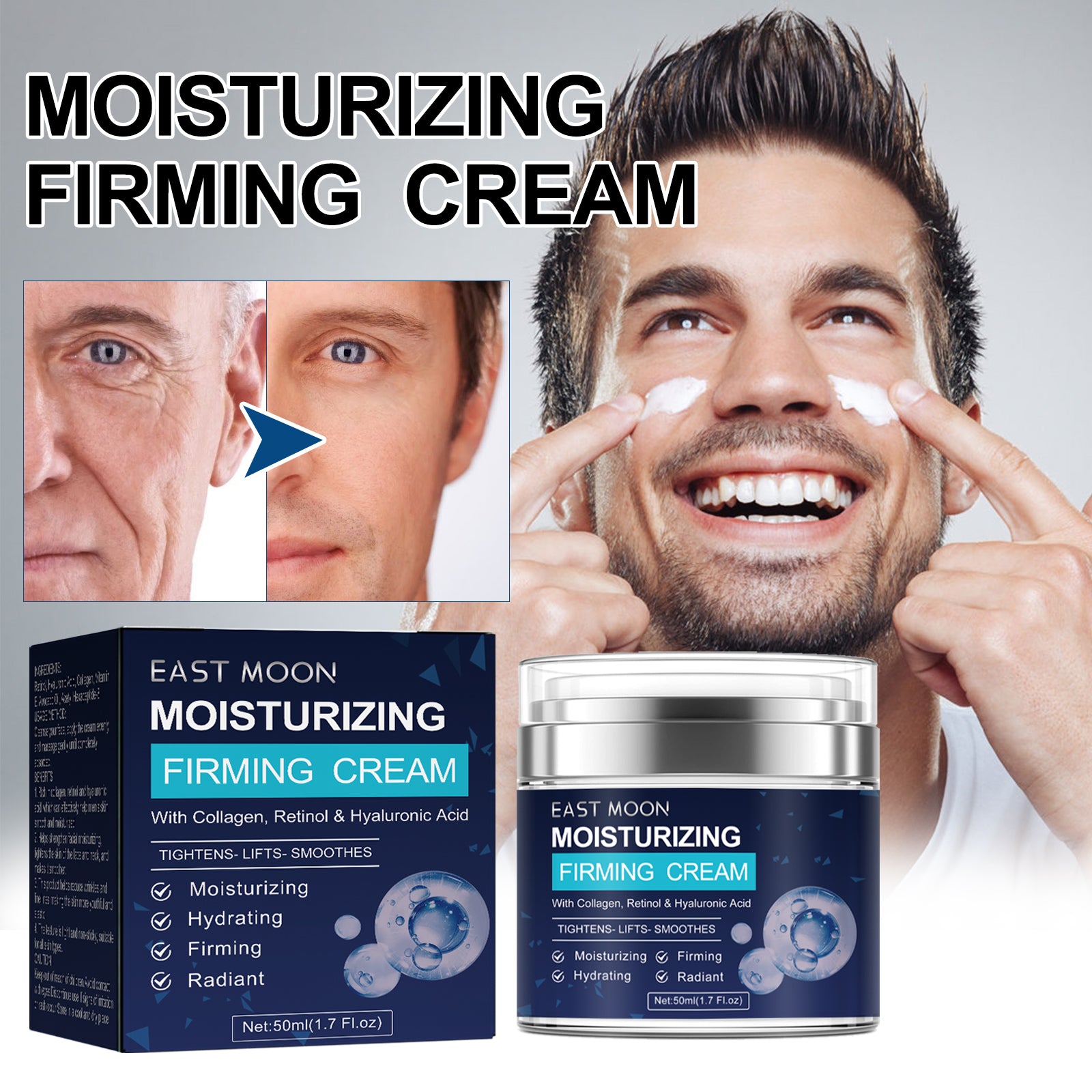 East Moon Men's Retinol Face Cream - Anti-Wrinkle Firming & Lifting Moisturizer with Collagen & Hyaluronic Acid