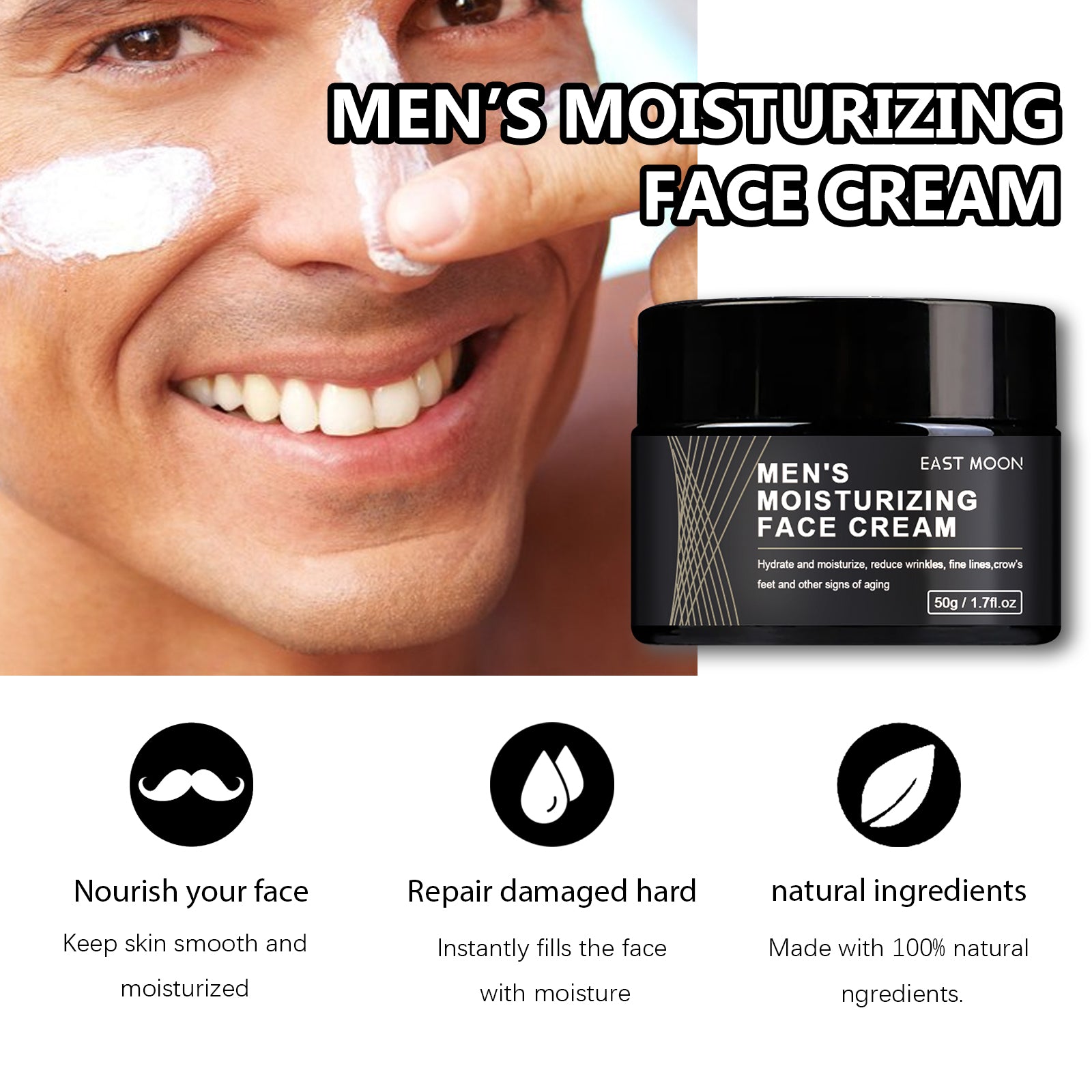 East Moon Men's Anti-Aging Face Cream - Firming & Anti-Wrinkle Moisturizer with Green Tea & Evening Primrose Oil