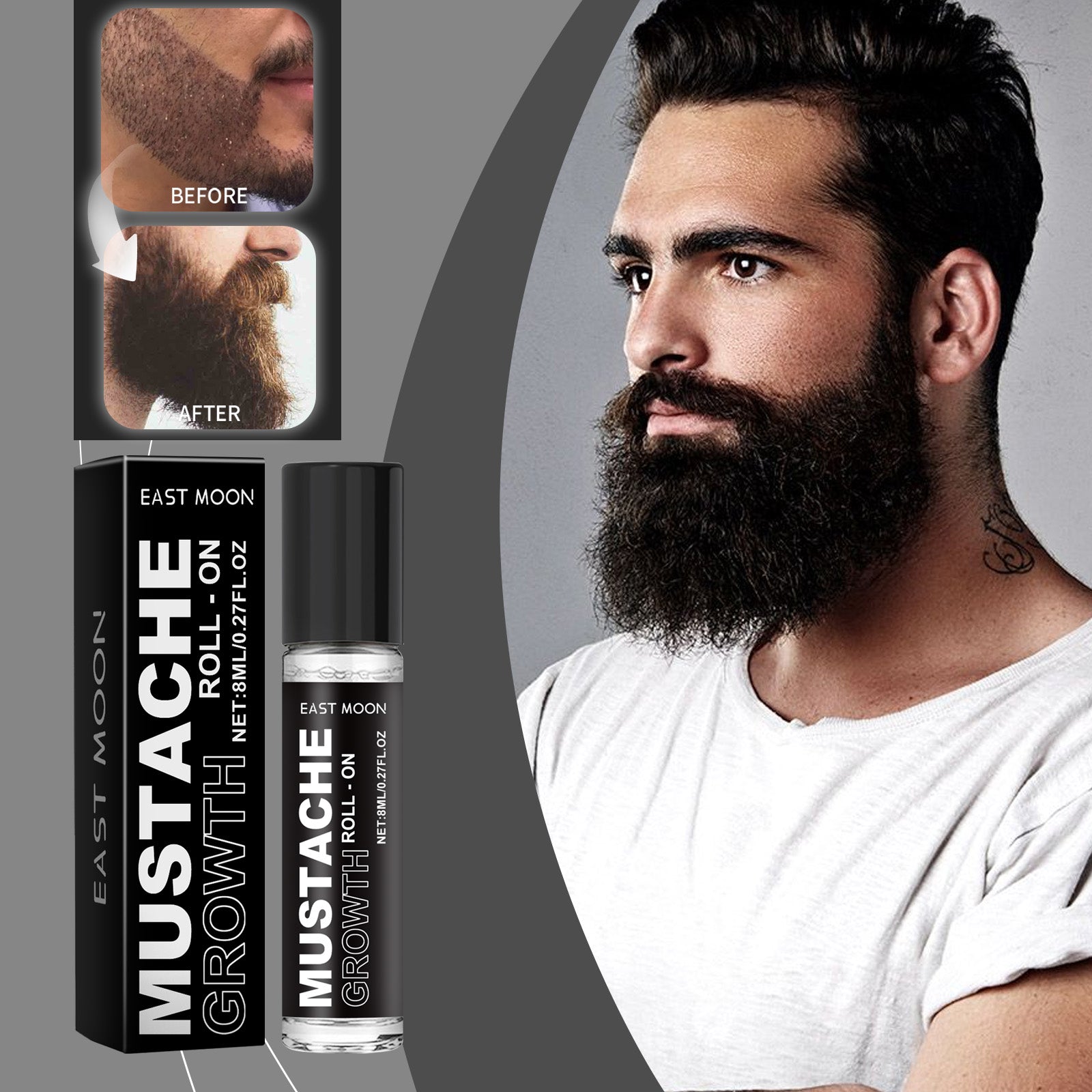 East Moon Men's Beard Growth Roller - Fast Activating Nutrient Serum with Rosemary & Ginger Oil for Thicker Beard
