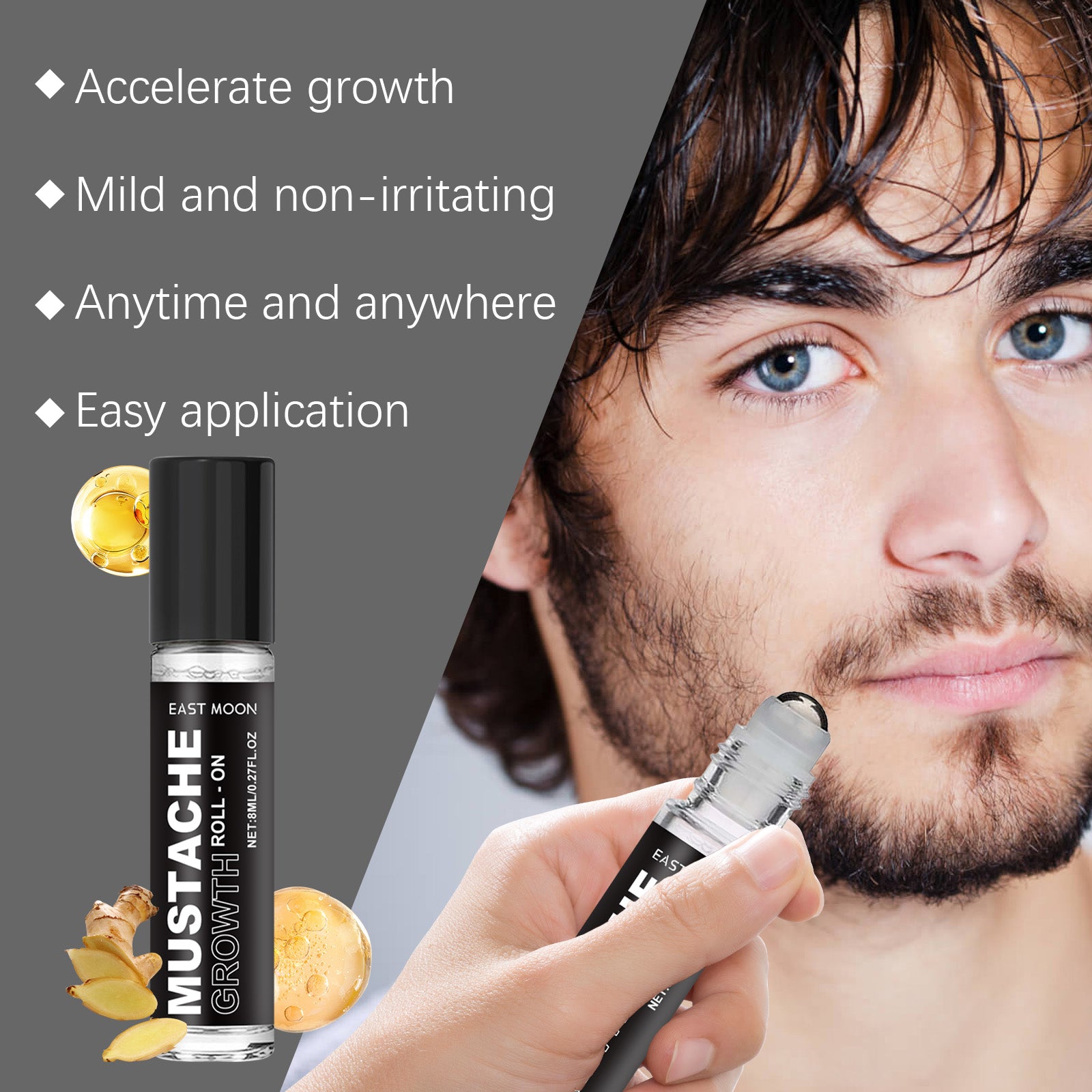East Moon Men's Beard Growth Roller - Fast Activating Nutrient Serum with Rosemary & Ginger Oil for Thicker Beard
