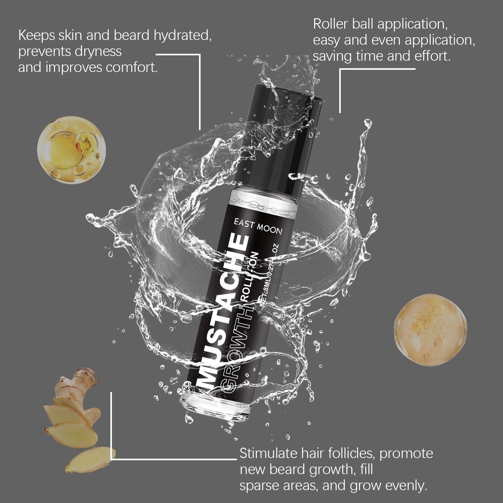 East Moon Men's Beard Growth Roller - Fast Activating Nutrient Serum with Rosemary & Ginger Oil for Thicker Beard