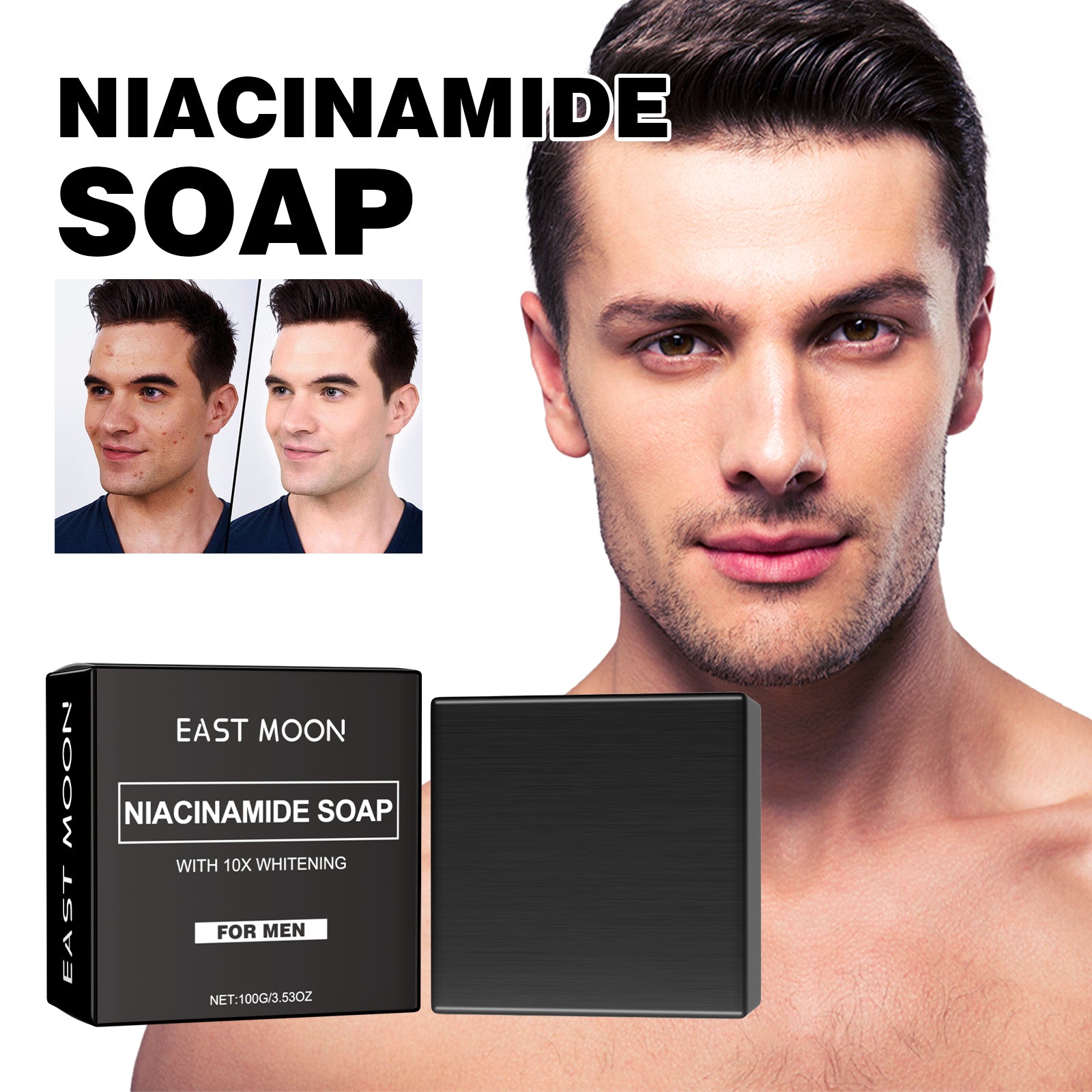 East Moon Men's Acne Control Cleansing Bar - Niacinamide Skin Brightening & Oil-Control Soap for Face & Body