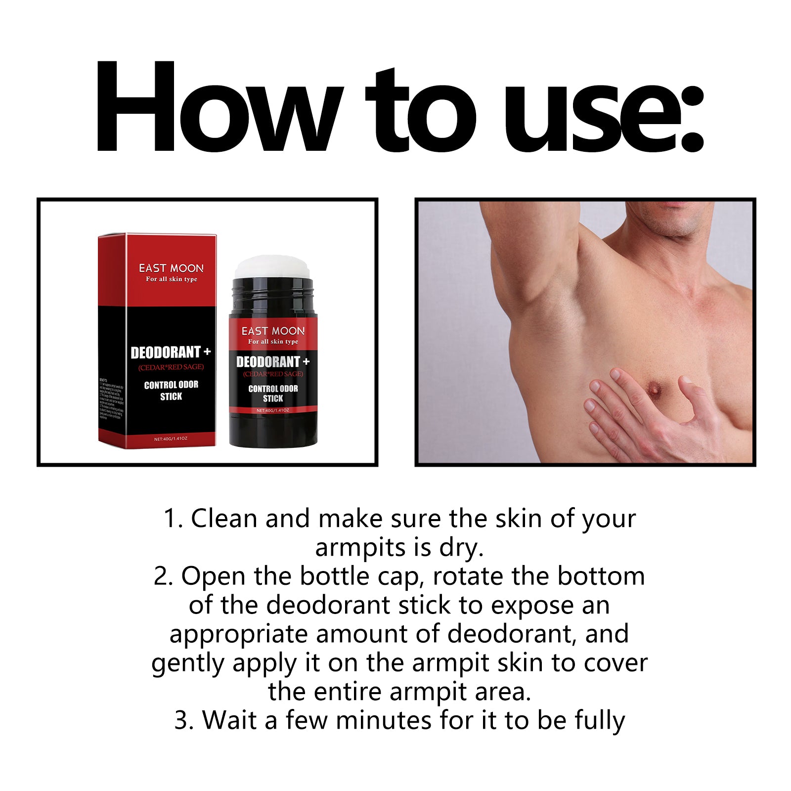 East Moon Men's Deodorant Stick - Long-Lasting Odor Control & Anti-Perspirant with Sage & Rose Oil (50g)