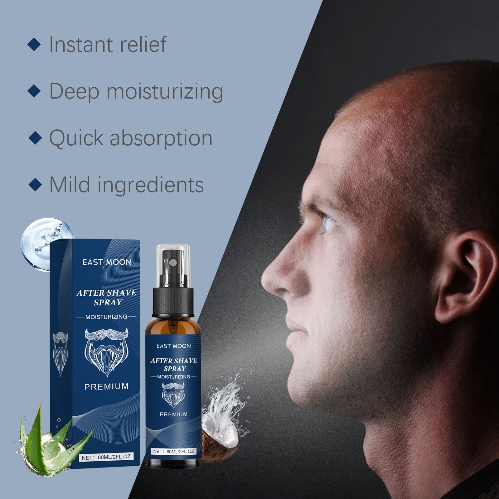East Moon Hydrating Men's Aftershave Spray - Alcohol-Free Razor Burn Relief & Soothing Skin Moisturizer (100ml)