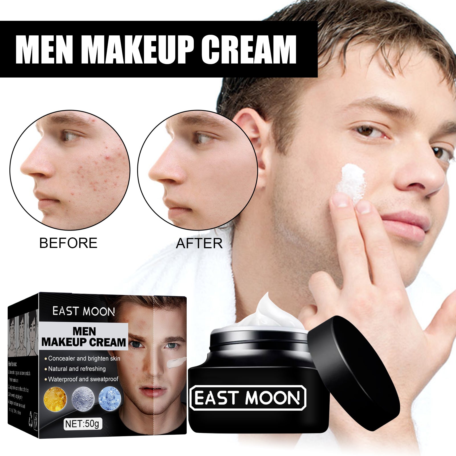 East Moon Men's Tone Up Cream - Natural Concealer & Hydrating Skin Cream for Dark Spots, Acne Scars & Anti-Aging