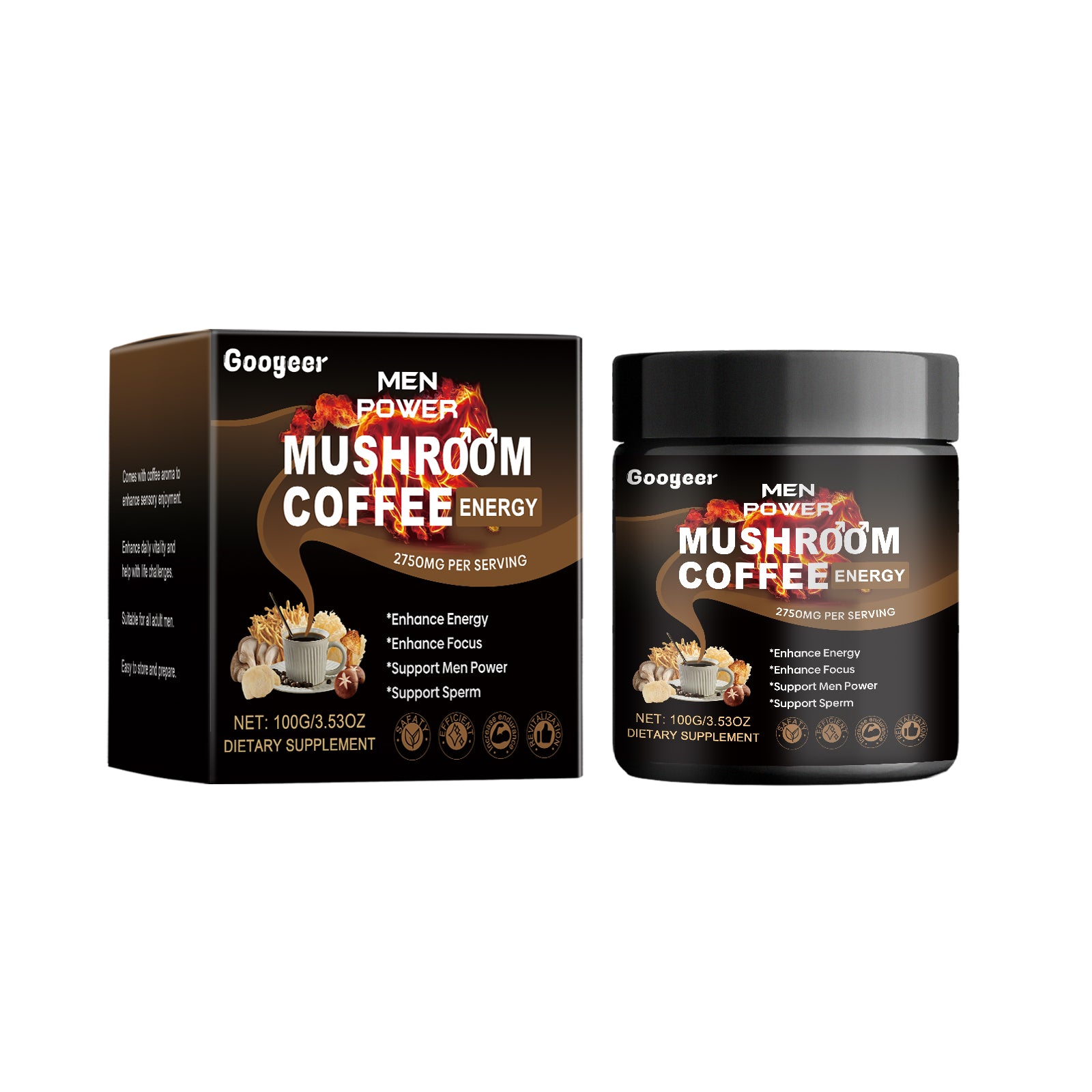 Googeer Men's Mushroom Coffee - Black Coffee Powder for Energy & Stamina