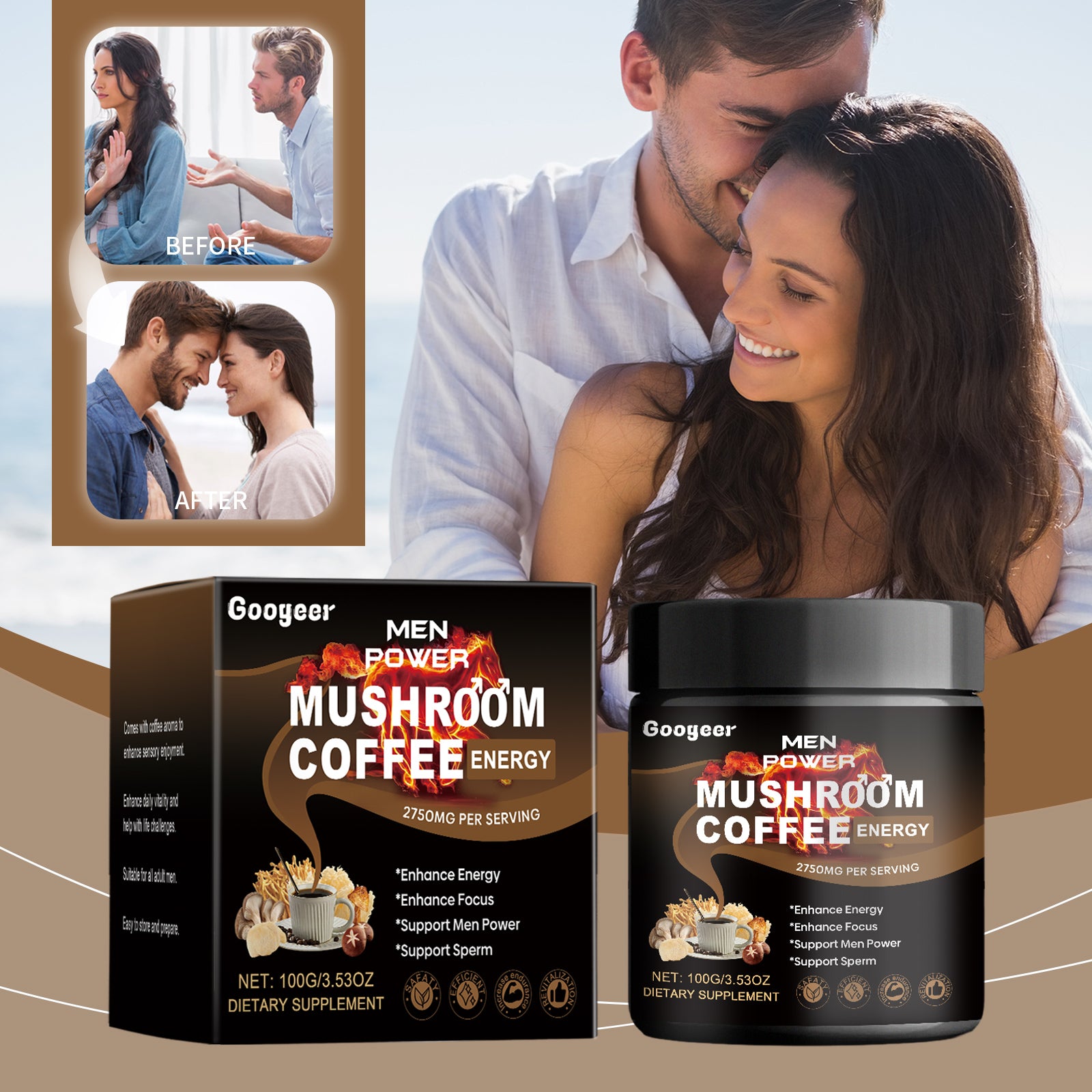 Googeer Men's Mushroom Coffee - Black Coffee Powder for Energy & Stamina