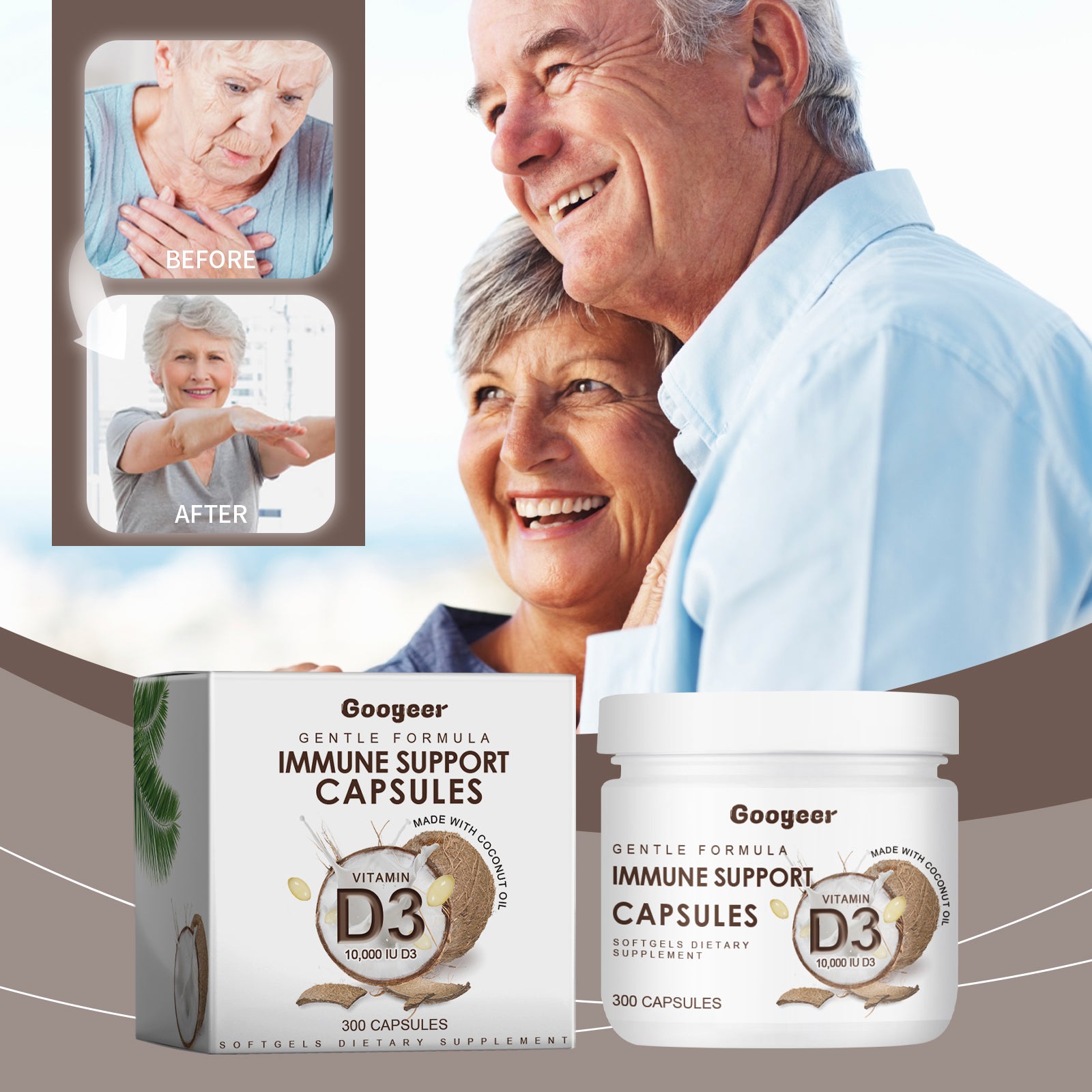 GOOGEER Vitamin D3 Immune Support Softgels (300 Capsules) - High-Absorption Daily Vitality Supplement