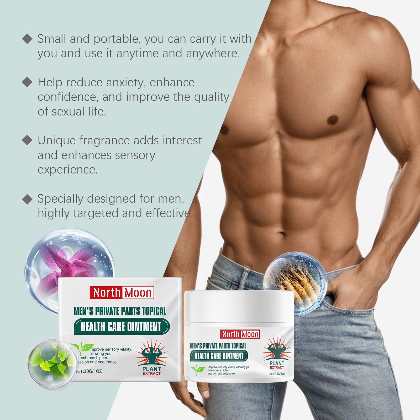 North Moon Men's Performance Massage Cream - Energizing Stamina & Endurance Booster with Maca & Ginseng