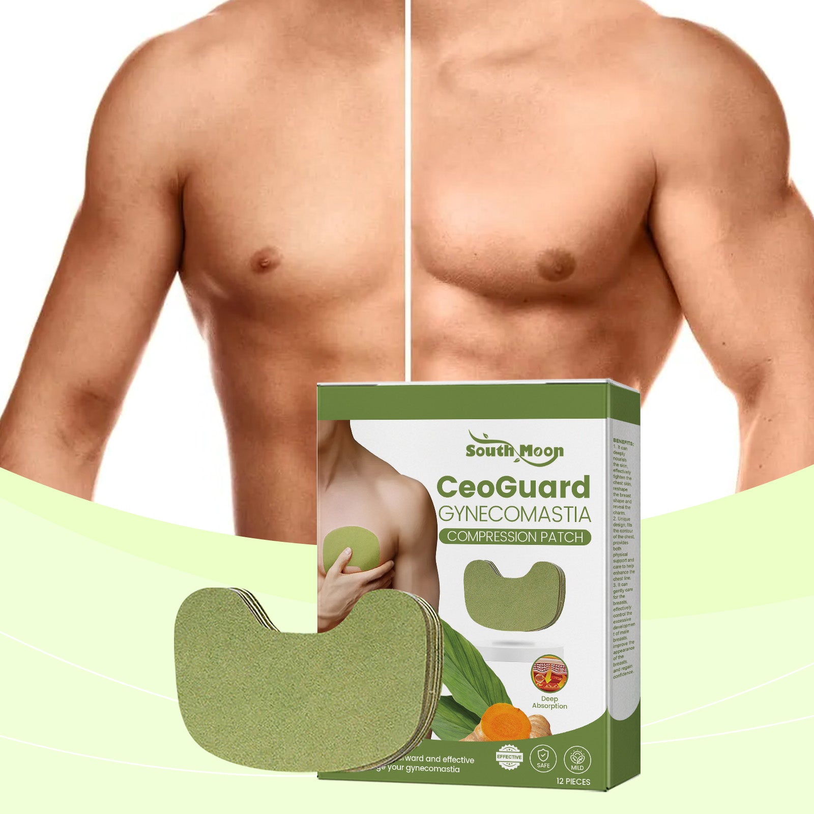South Moon Men's Gynecomastia Firming Patches - Chest Tightening & Sculpting Sheets with Turmeric & Pepper (12-Pack)