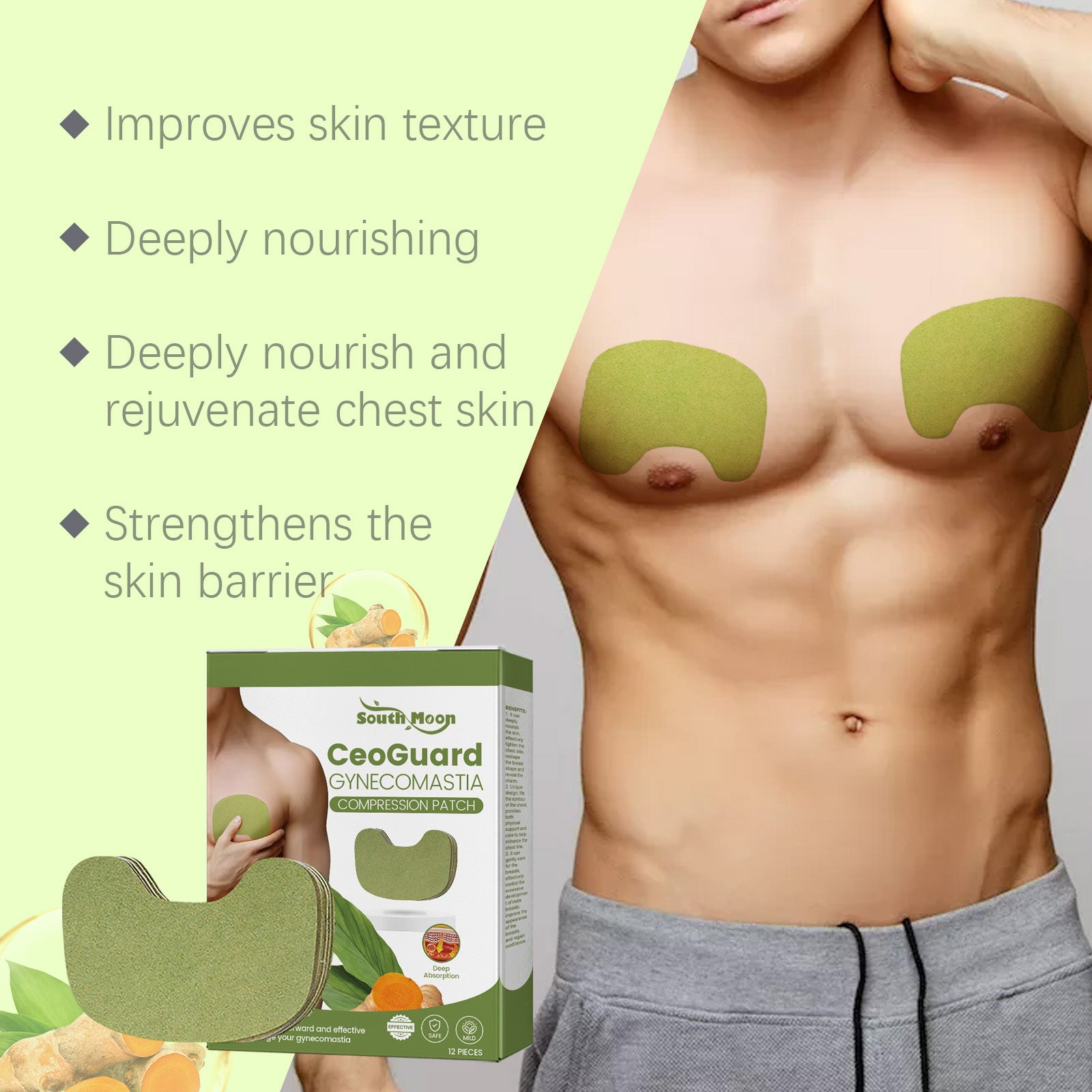 South Moon Men's Gynecomastia Firming Patches - Chest Tightening & Sculpting Sheets with Turmeric & Pepper (12-Pack)