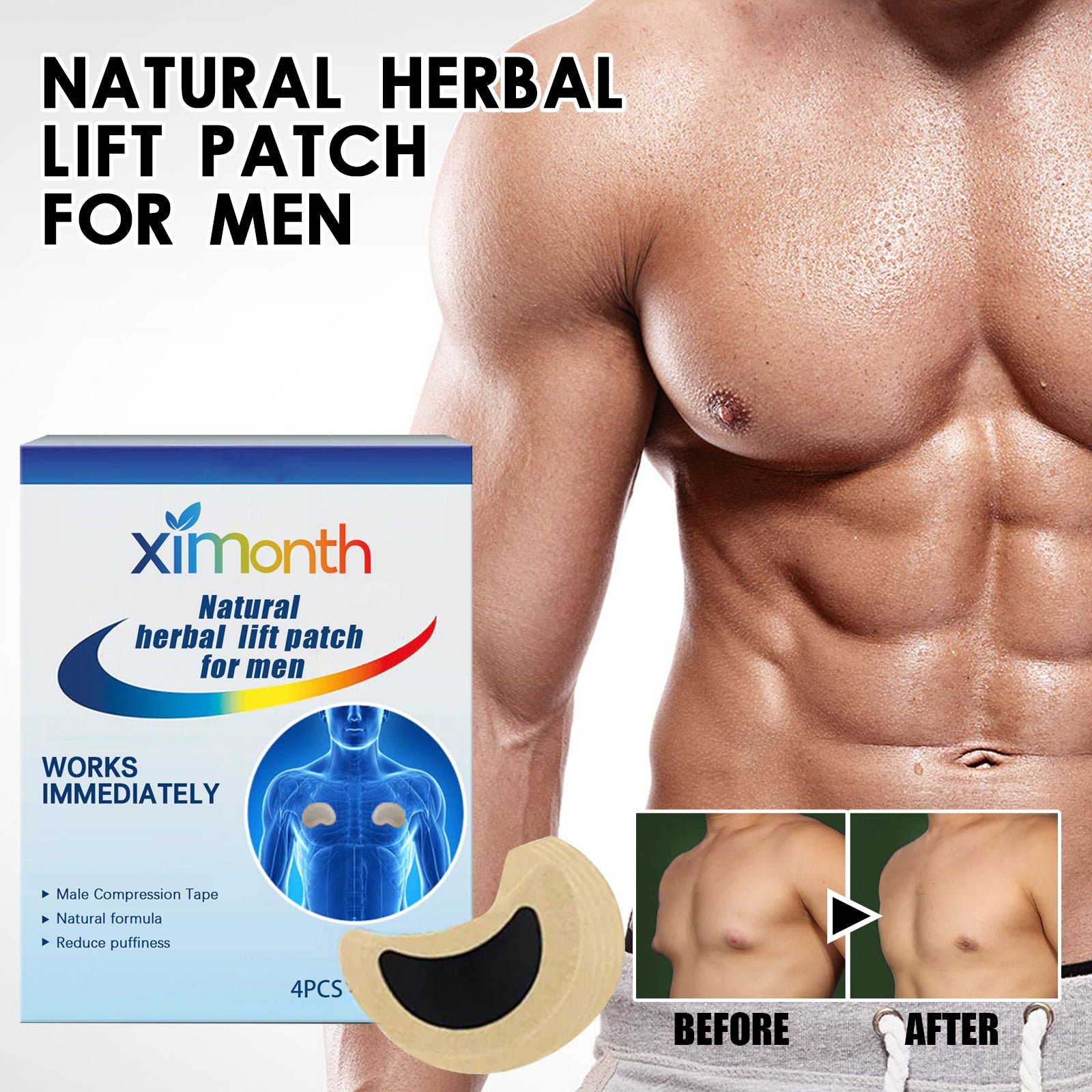 Ximonth Men's Herbal Chest Firming Patches - Gynecomastia Reduction & Sagging Defense Sculpting Sheets (10pcs)