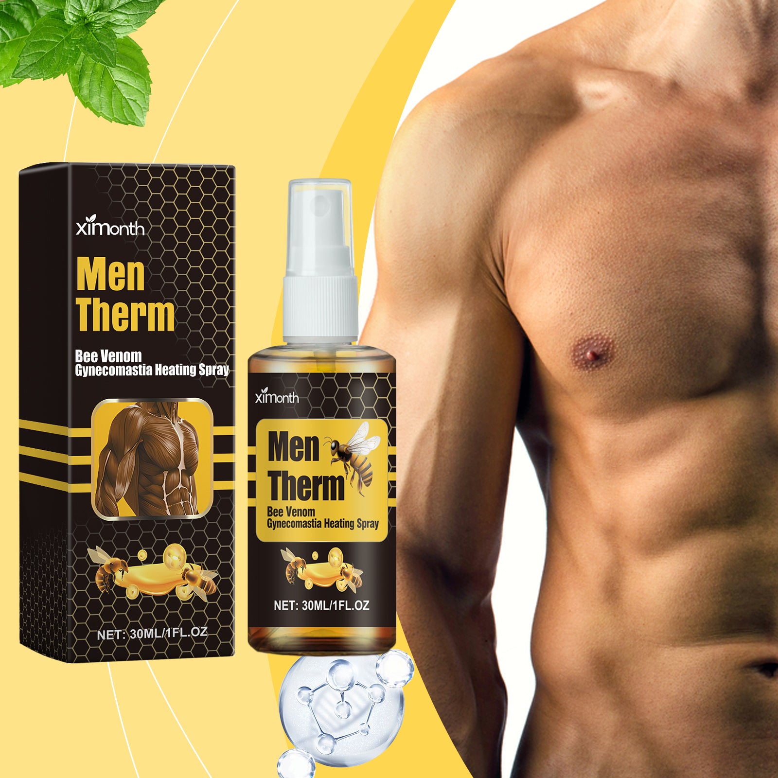 Ximonth Men's Gynecomastia Firming Spray - Chest Sculpting & Tightening Formula with Bee Venom & Ginger (30ml)