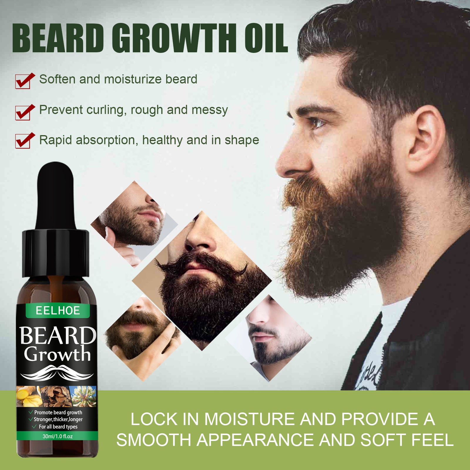 EELHOE Beard Growth Oil Spray - Fast Absorbing Conditioner for Thicker, Fuller & Softer Facial Hair