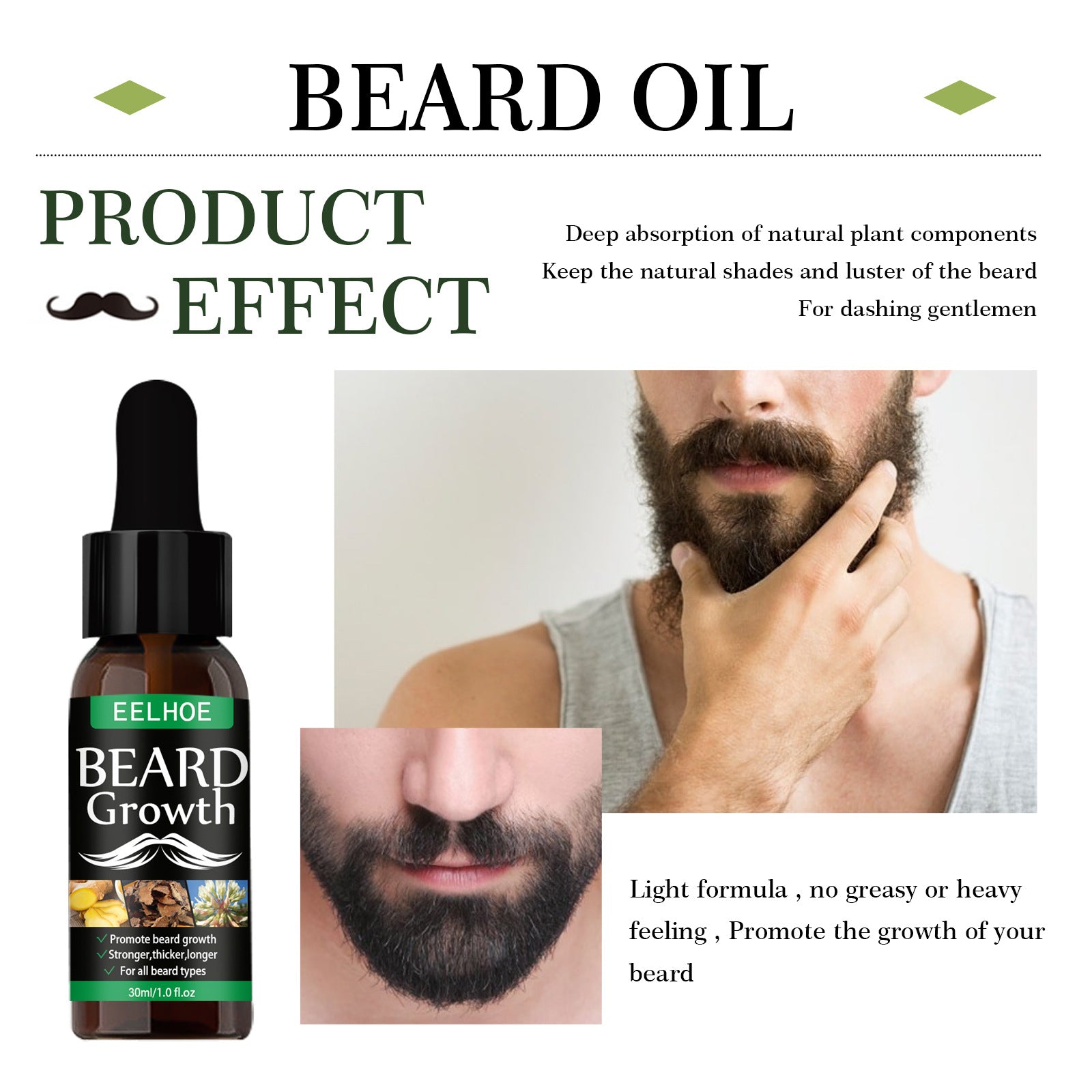 EELHOE Beard Growth Oil Spray - Fast Absorbing Conditioner for Thicker, Fuller & Softer Facial Hair